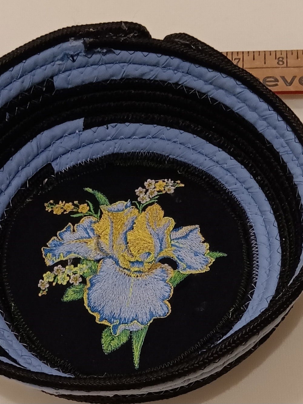 Embroidered Iris Round Patch with Sky Blue Trim.  Hand Made
